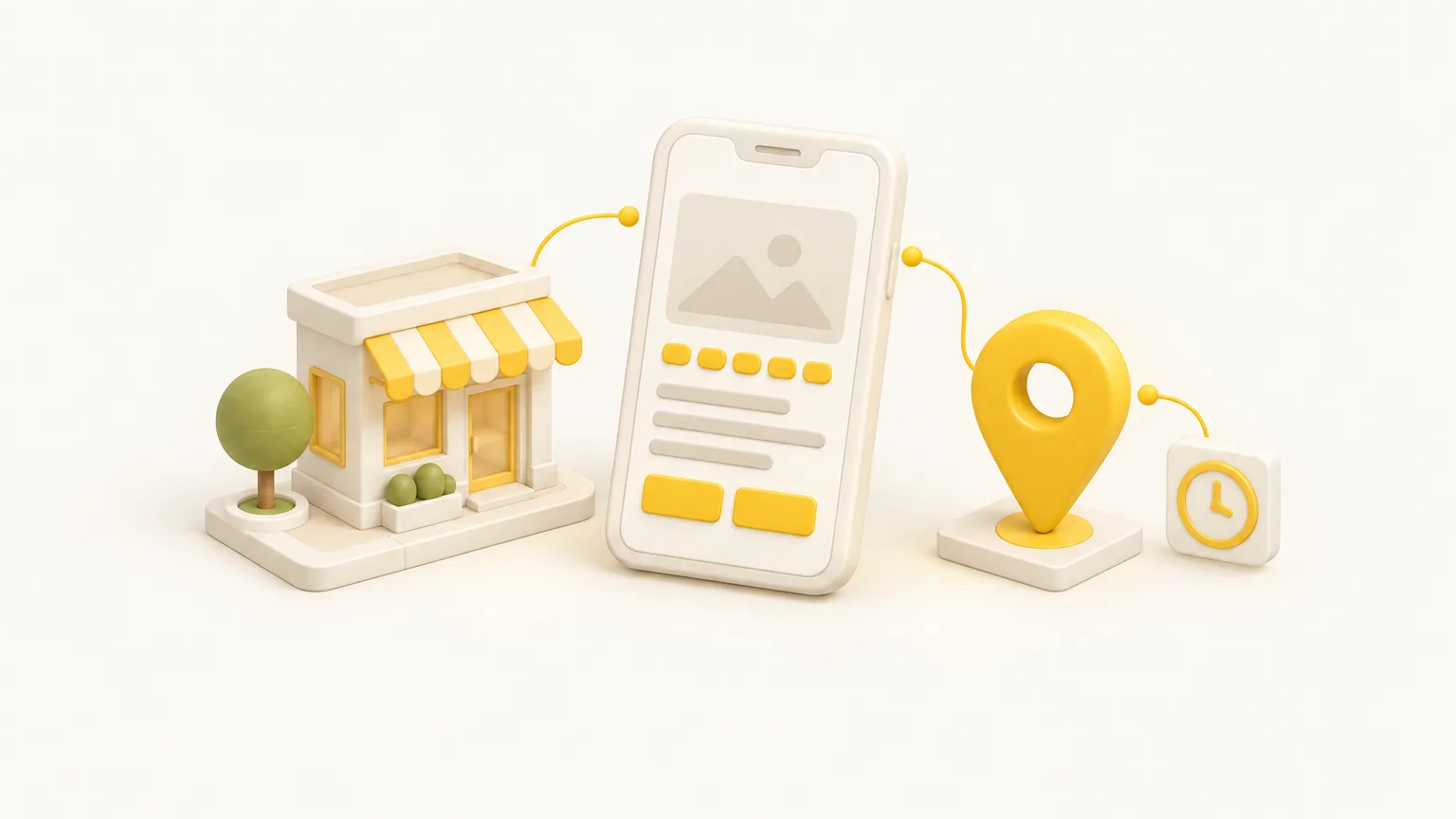 Illustration isométrique : une boutique, un téléphone qui affiche une fiche d'établissement et une épingle de localisation, reliés entre eux