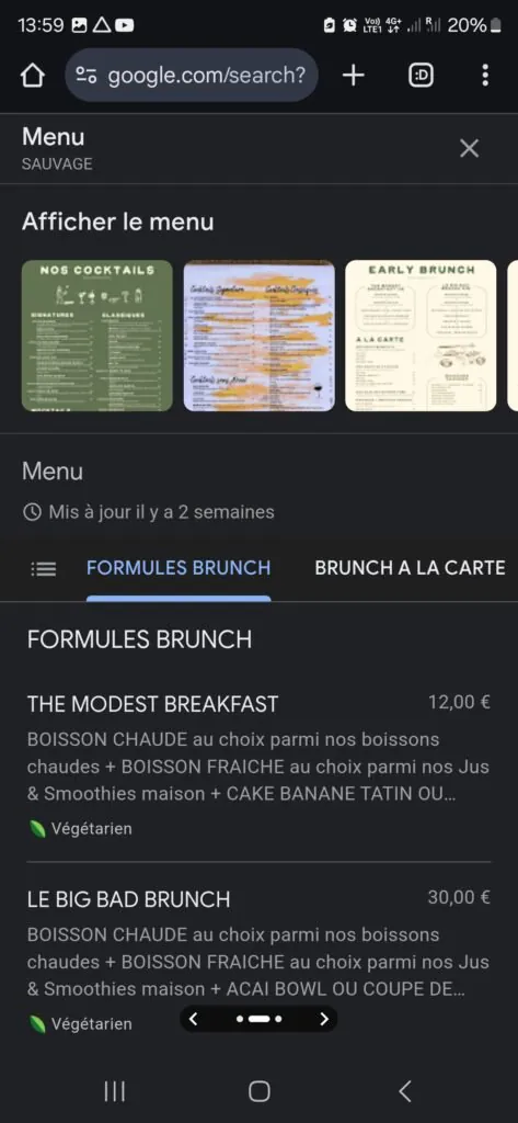 La section menu d'un restaurant sur sa fiche Google, sur mobile