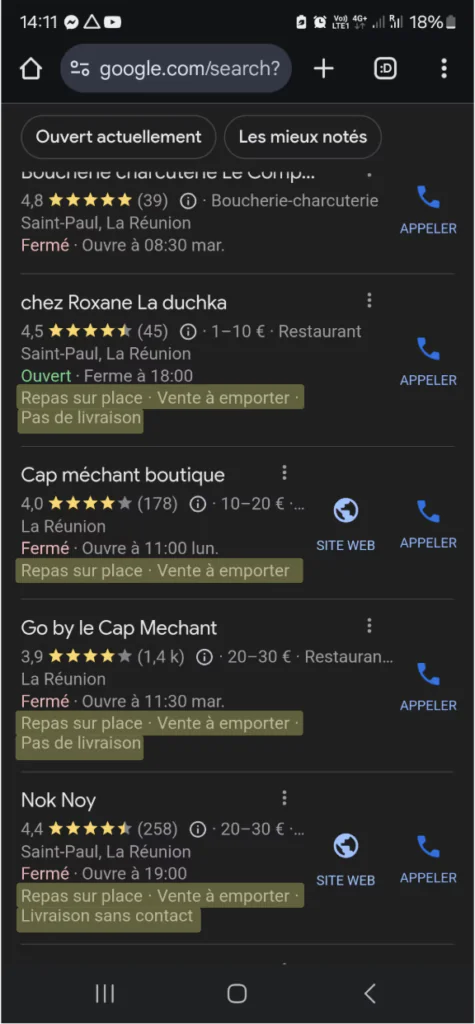 Pack local Google sur mobile : des fiches de restaurants qui affichent leurs attributs (sur place, à emporter, livraison)