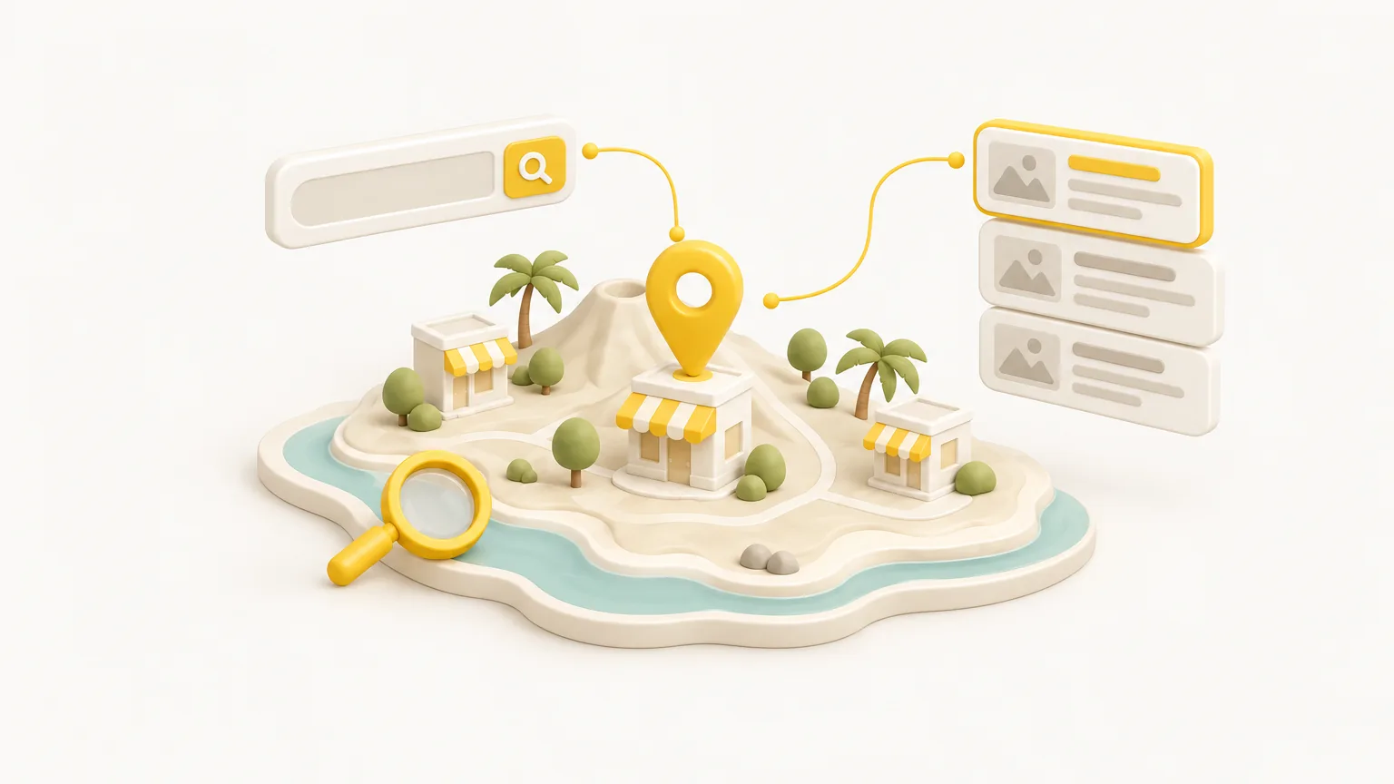 Illustration isométrique : une île avec son volcan, ses boutiques et une épingle de localisation, reliée à une barre de recherche et à des résultats