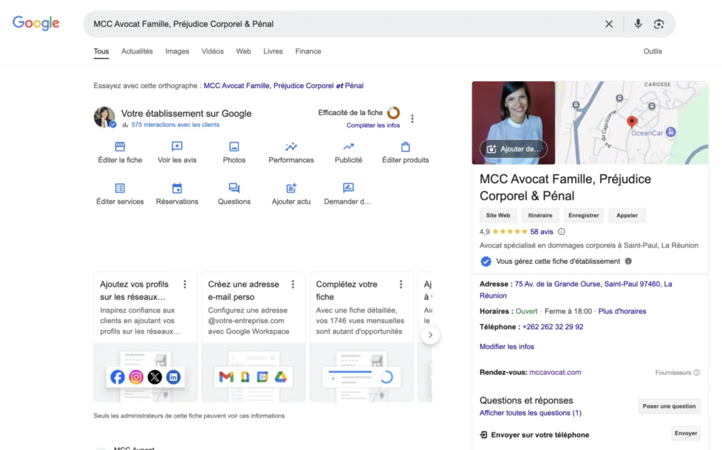 Interface de gestion d'une fiche Google Business Profile, telle qu'elle apparaît dans la recherche Google