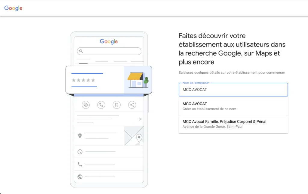 Page Google Business qui permet de chercher une fiche existante par le nom de l'entreprise, ou d'en créer une