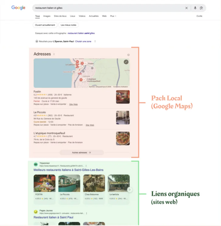 Page de résultats Google d'une requête locale : le pack local et sa carte en tête