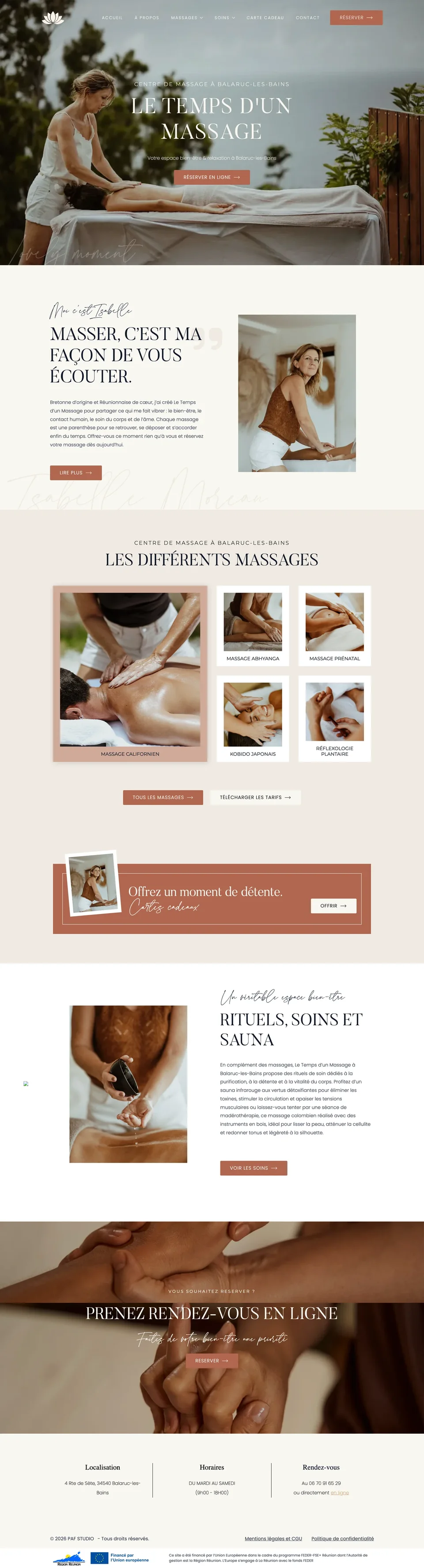 Le site Le temps d'un massage, page entière